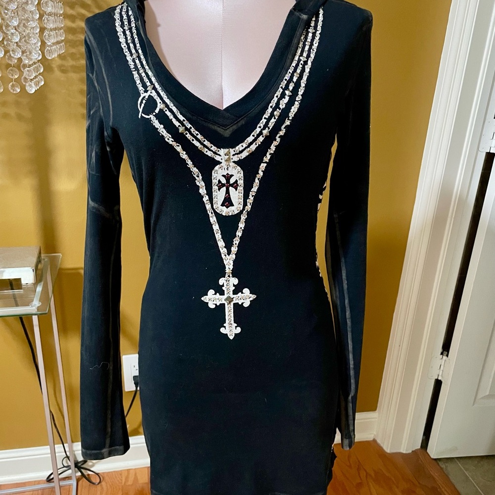 Black Long Sleeve Bodycon Dress with Silver V-Neck Embellishments